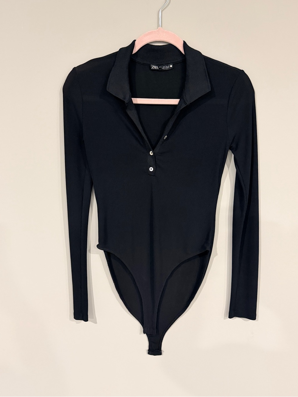 Zara Black Long-Sleeve Ribbed Collar Bodysuit Size Small